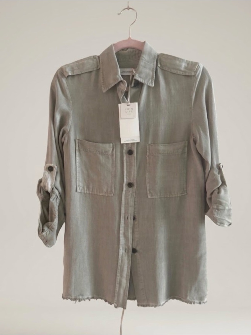 Zara Premium Denim Line Light Olive Button-Down Utility Shirt NWT XS Tab Sleeve